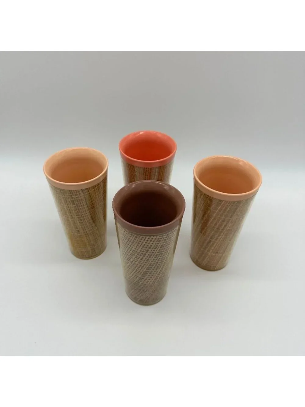 Vintage Tumblers Raffiaware Melamine Thermo Temp Cups Set Of 4 USA Mid Century